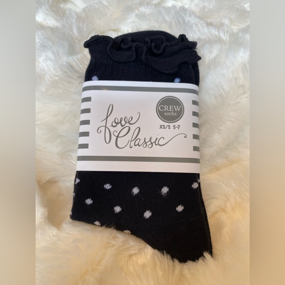 🌀FUN🔆SOCKS✳️Classic Crew Ruffle Trim Black & White Polka Dot 🌀 - Picture 7 of 11